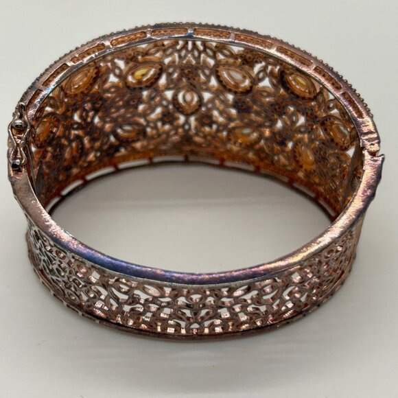 Vintage Filigree Hinge Bracelet Rose Gold-tone Rhinestones Safety Clasp - Picture 9 of 16